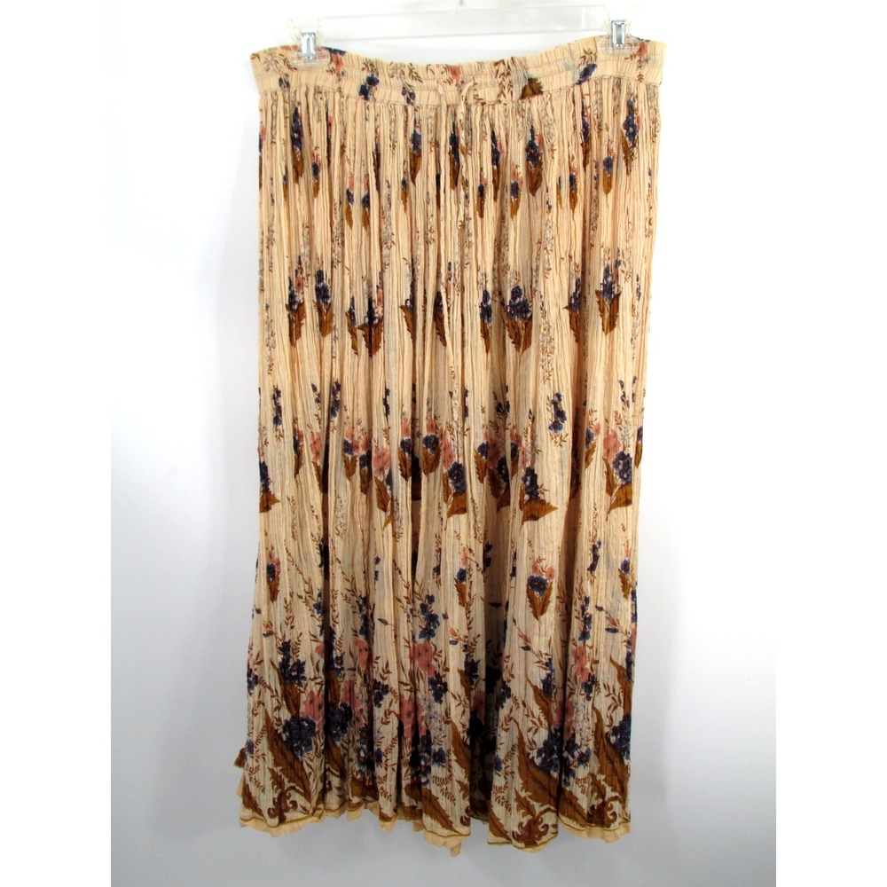 Her Style Tan Floral Crinkle Cotton Maxi Skirt One Size Bohemian Hippie India